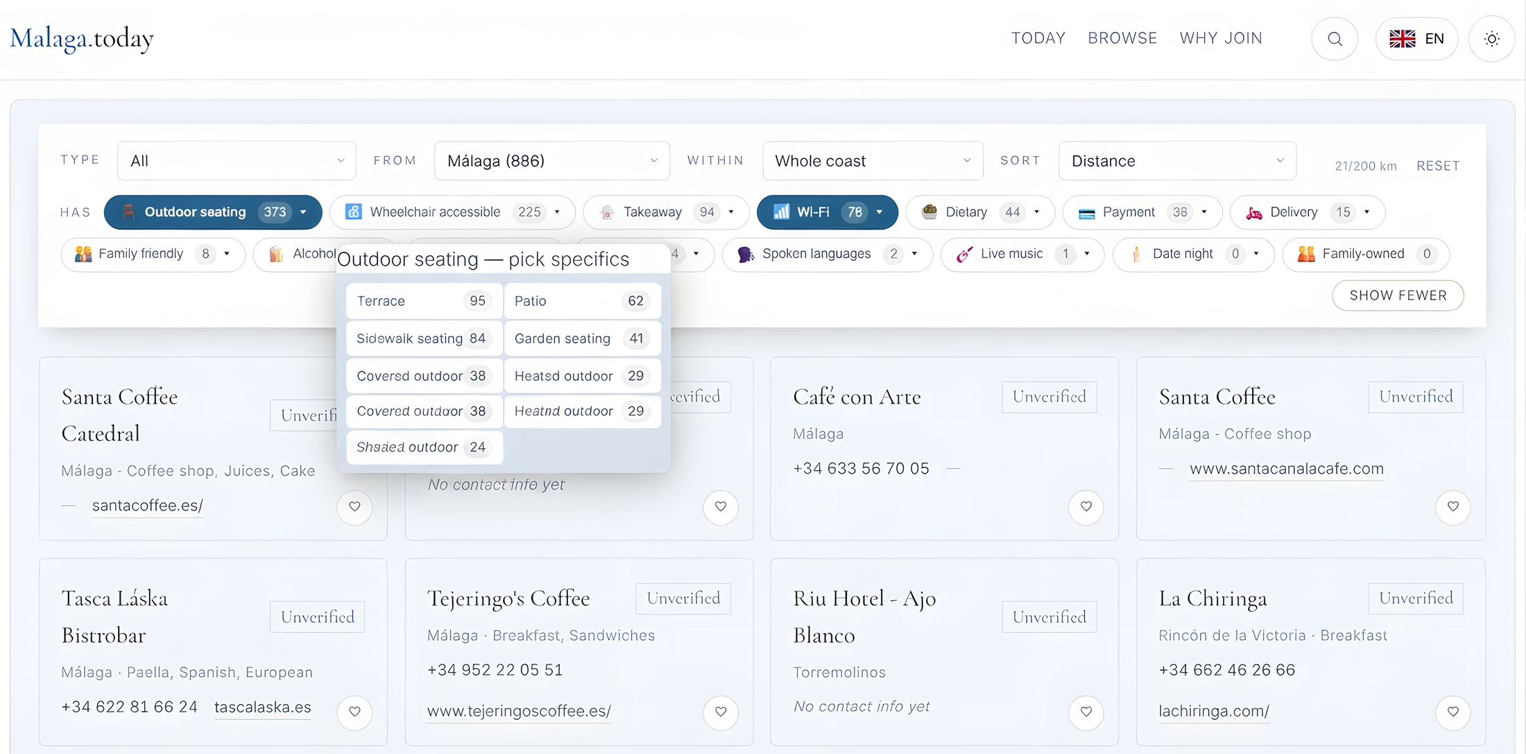 The Malaga.today directory filter UI: 4,600 venues across 21 Málaga province towns, filterable by type, town, distance, and 243 filter groups including Family friendly, English-speaking, Halal, Kosher, Vegan options, Payment, Open late, Delivery, and Live music.